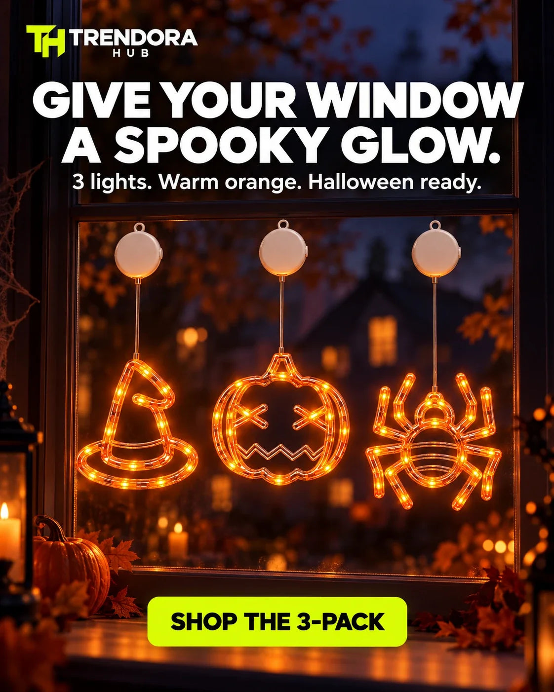Halloween hanging window lights glowing orange