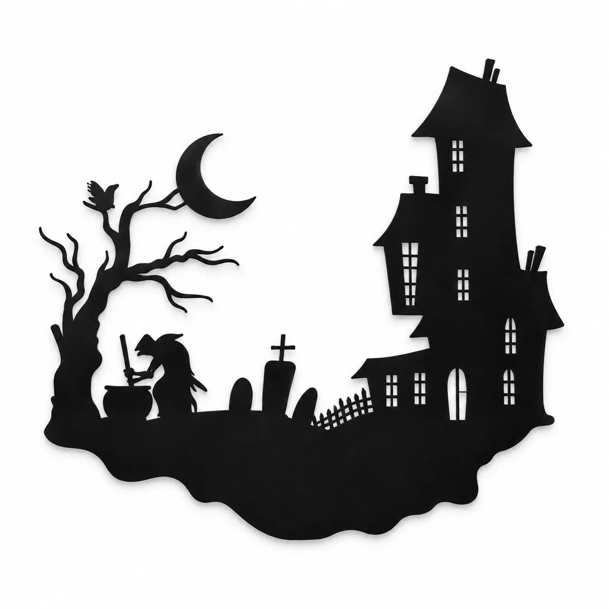 Haunted house and witch metal wall art