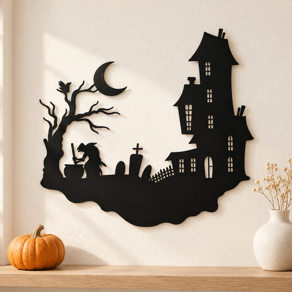 Haunted House & Witch Metal Wall Art