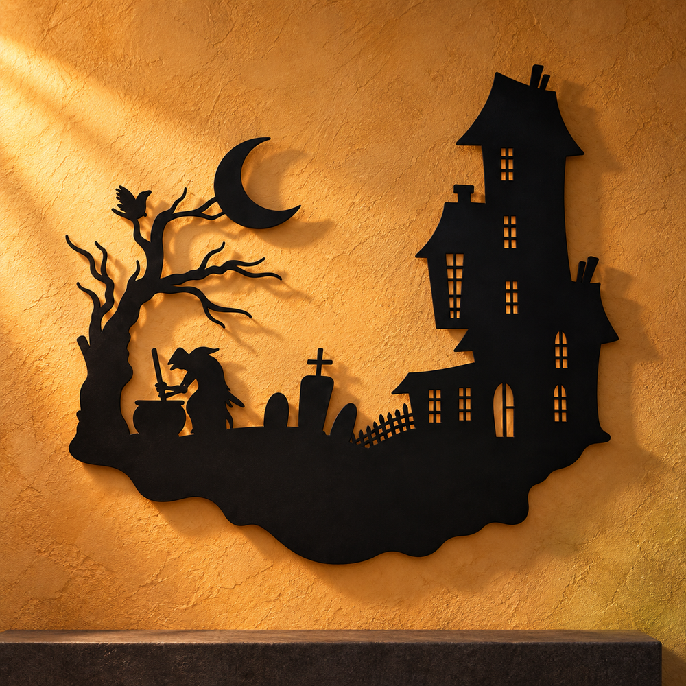 Haunted House & Witch Metal Wall Art