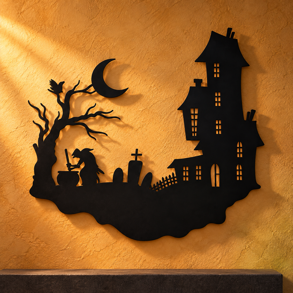Haunted House & Witch Metal Wall Art